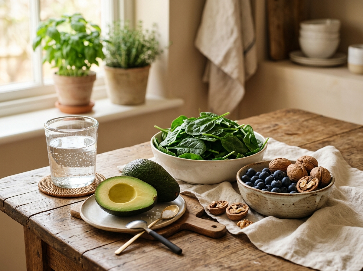 Frische healthy Nahrungsmittel Avocado und Nüsse