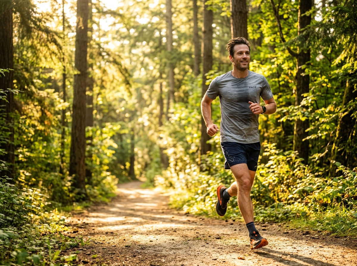 Mann joggt im Wald bei Sonnenlicht